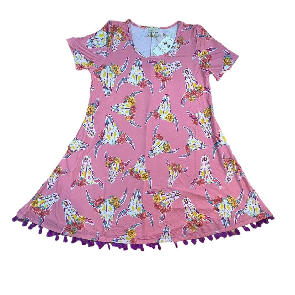 NWT Simply Southern Dress Women M Pink‎ Western Bull Skull Floral Tassel Boho